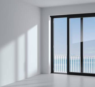 Sliding exterior door with two black shutters. Species panoramic window and terrace. 3d Illustration